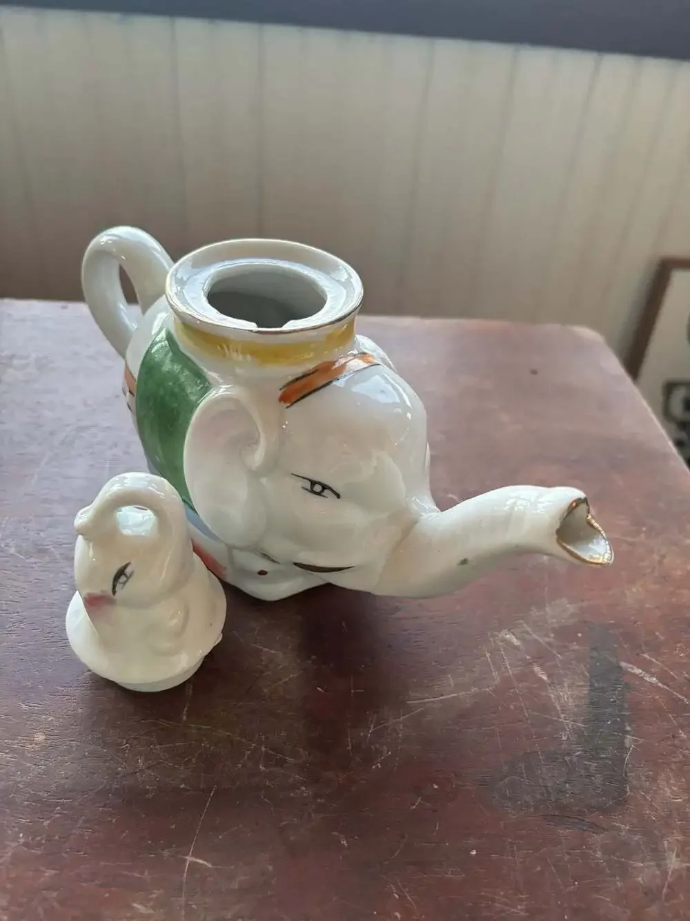 Vintage Hand-Painted Porcelain Elephant Teapot with Baby Lid Made in China